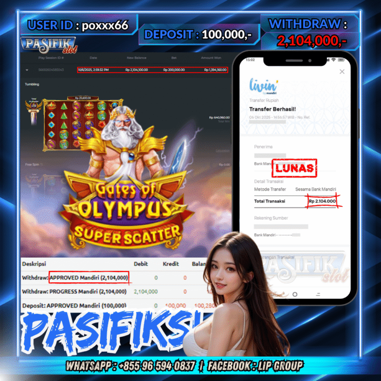 PASIFIKSLOT JACKPOT GATES OF OLYMPUS SUPER SCATTER Rp.2,104,000,- LUNAS!
