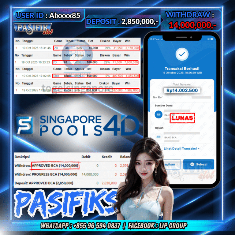 PASIFIKSLOT JACKPOT TOGEL SINGAPORE POOLS Rp.14,000,000,- LUNAS!