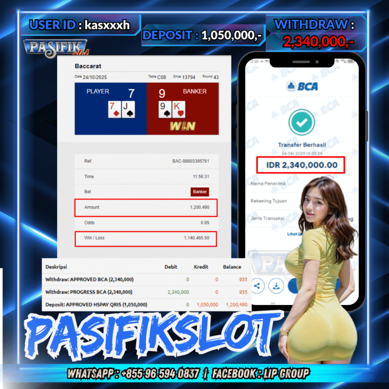 PASIFIKSLOT JACKPOT LIVE CASINO ( BACCARAT ) Rp.2,340,000,- LUNAS!