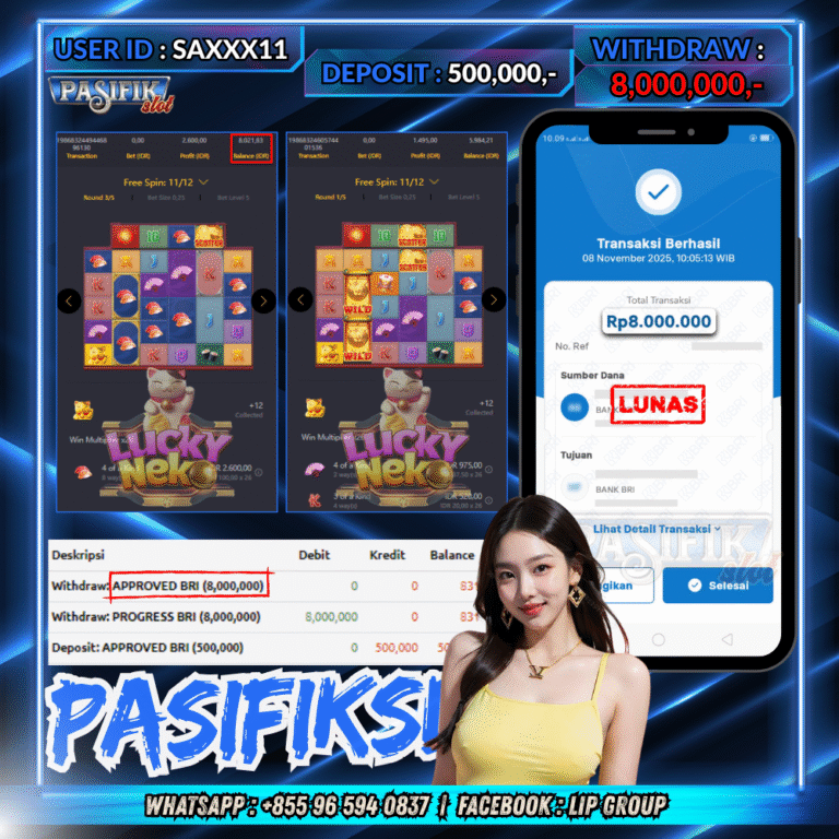 PASIFIKSLOT JACKPOT LUCKY NEKO Rp.8,000,000,- LUNAS!