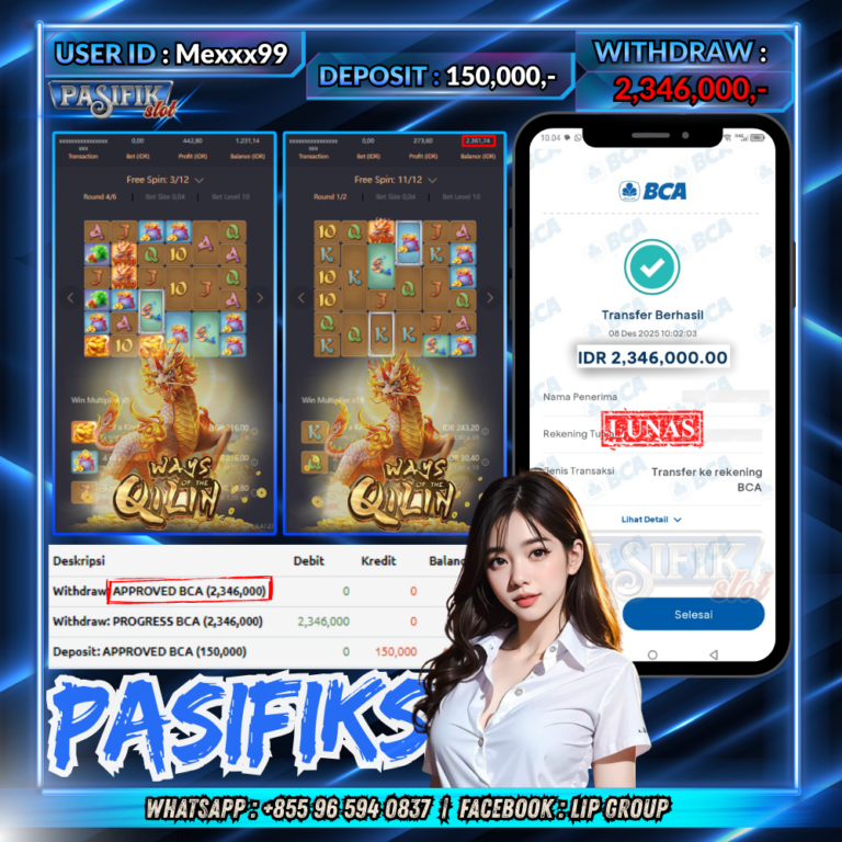 PASIFIKSLOT JACKPOT PG SOFT WAYS OF QILIN Rp.2,346,000,-LUNAS!
