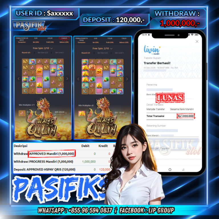 PASIFIKSLOT JACKPOT PG SOFT WAYS OF QILIN Rp.1,000,000,-LUNAS!